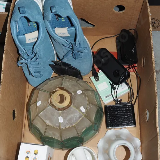 box; shoes, light shades, hip flask, speakers etc
