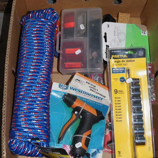 box; ropes, socket sets, garden hose spray gun etc