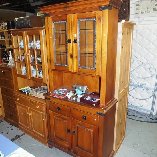 pine wall unit with 2 solid doors, 2 drawers, 2 leadlight doors - some scratching to varnish H1240 W960 D380