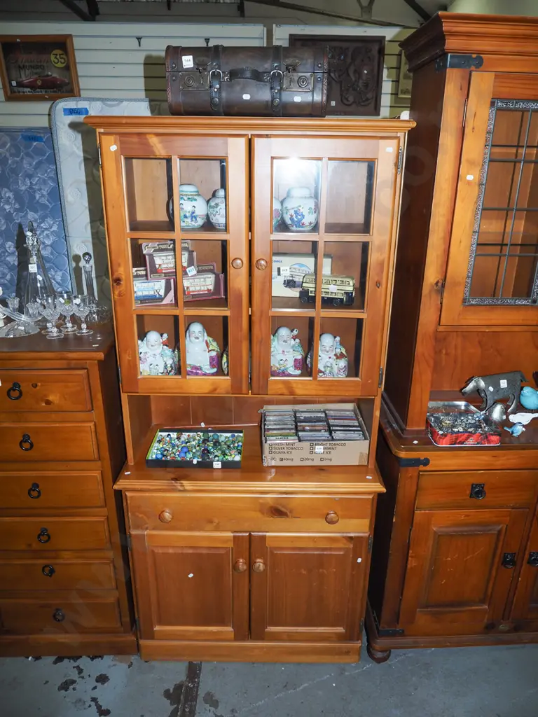 solid pine wall unit with 2 doors, 1 drawer and glazed doors with wooden astragals Image 1++