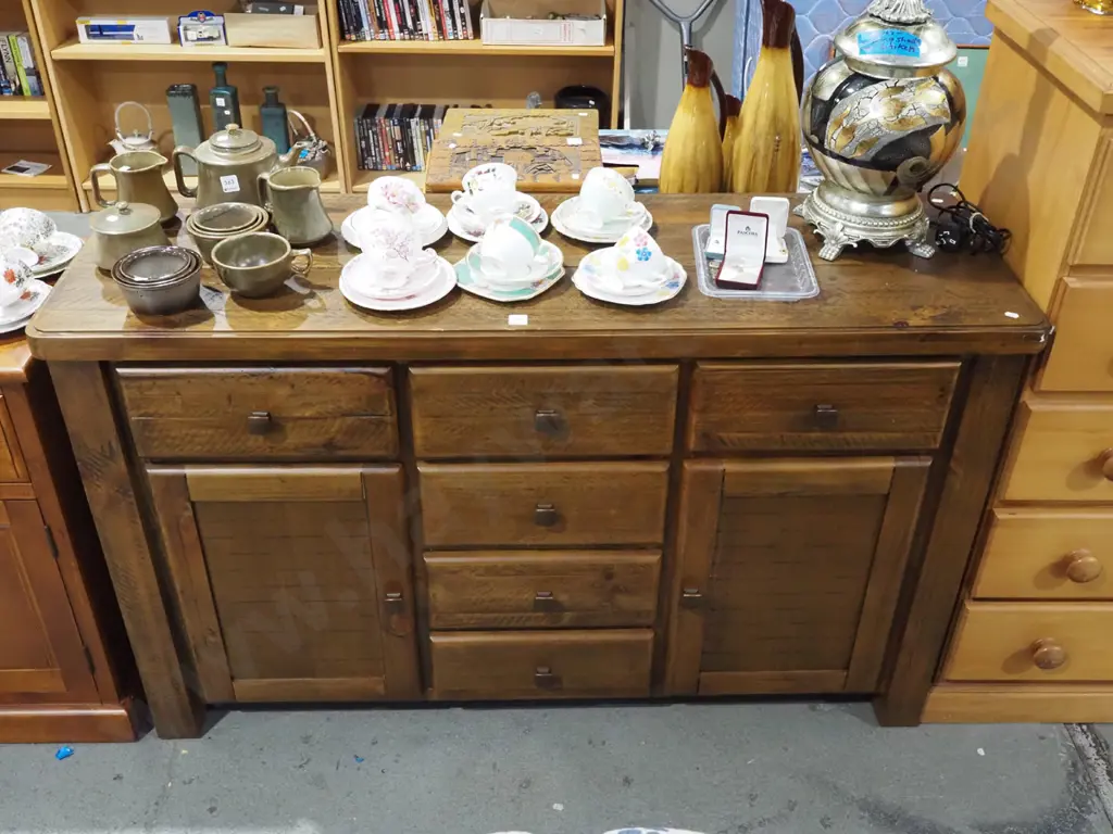 rustic solid pine sideboard with 2 doors, 6 drawers, cast metal handles H870 W1400 D450 Image 1++
