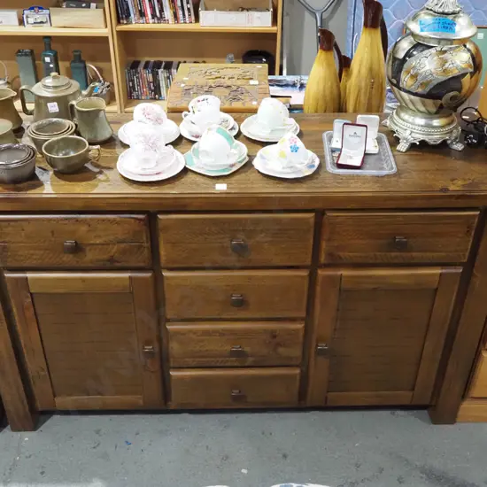 rustic solid pine sideboard with 2 doors, 6 drawers, cast metal handles H870 W1400 D450