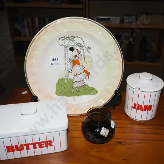 Royal Worcester Selena plate, jam and butter containers, glass vase