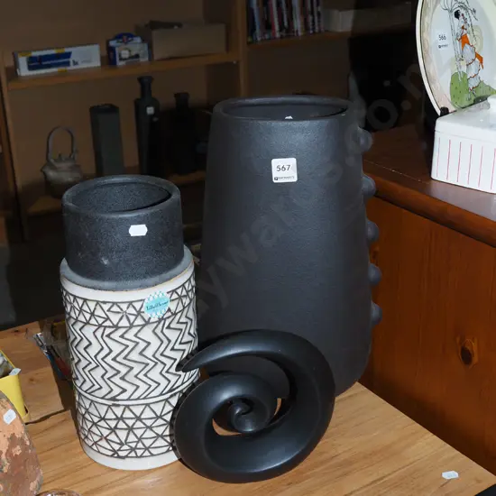 2x modern vases, koru  ornament Vase H380