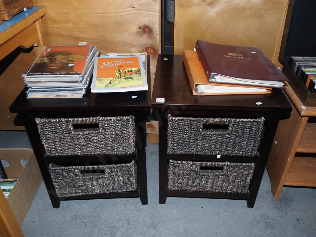 2x dark stained pine bedside cabinets, 2x seagrass baskets Image 1++
