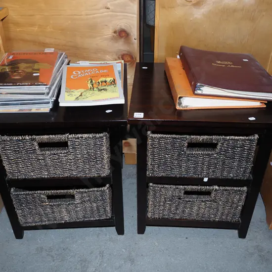 2x dark stained pine bedside cabinets, 2x seagrass baskets