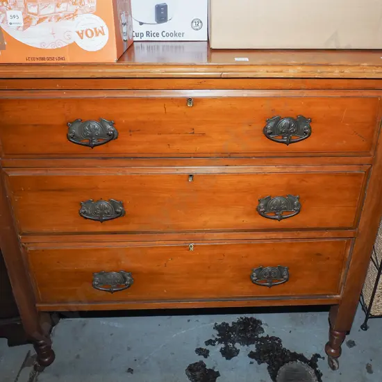 colonial rimu 3 drawer chest on enamel casters H890 W910 D465
