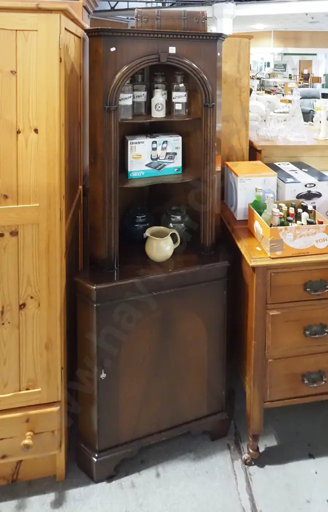 dark stained mahogany corner cabinet with shelves over single door - key in office H1780 W600 D350 Image 1++