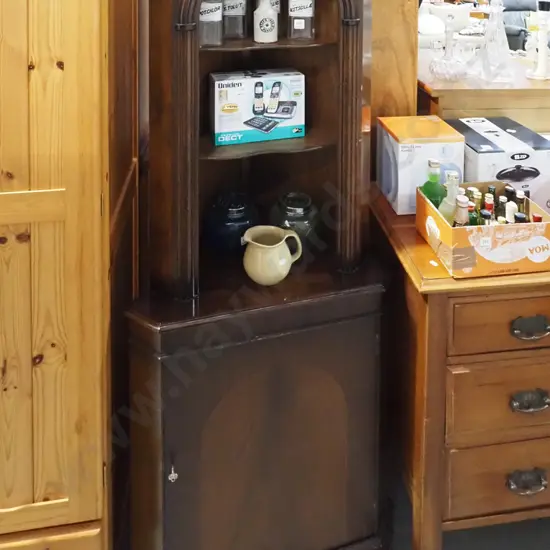 dark stained mahogany corner cabinet with shelves over single door - key in office H1780 W600 D350