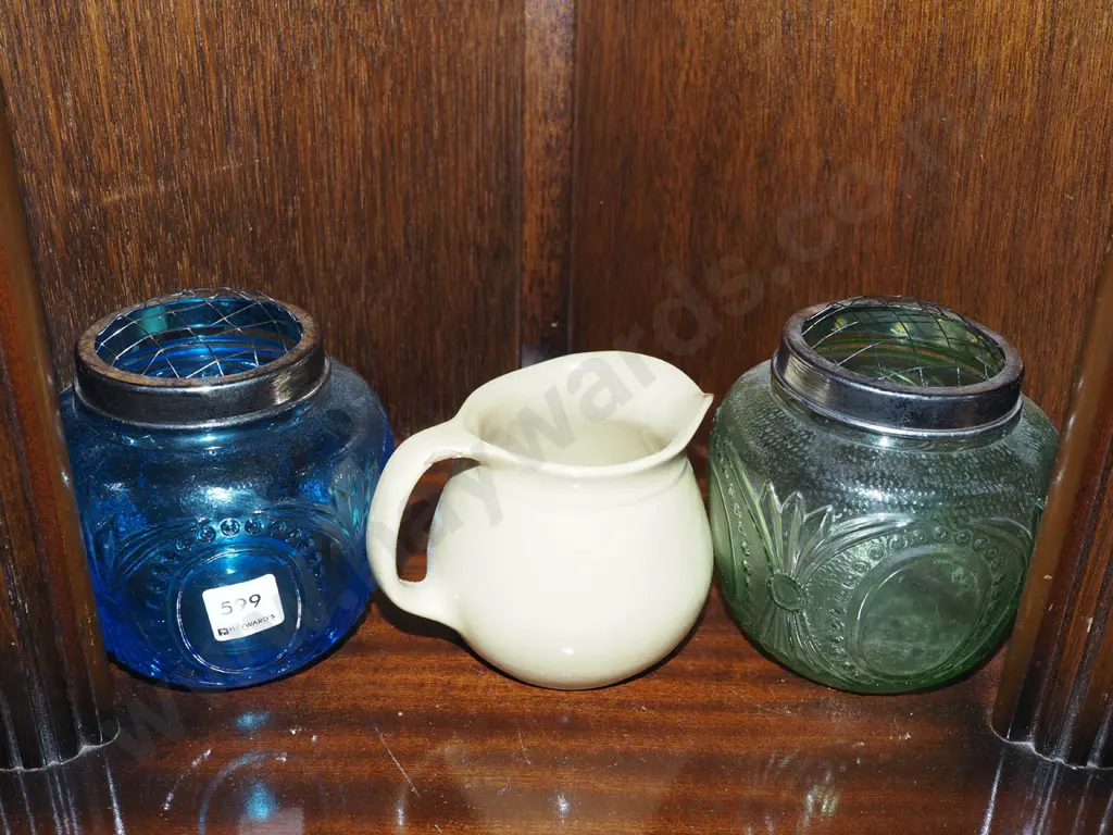 blue and green glass rose bowls, small milk jug - chip Image 1++