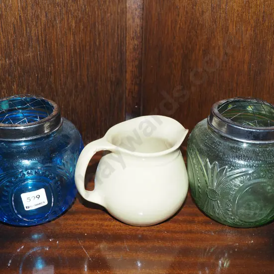 blue and green glass rose bowls, small milk jug - chip
