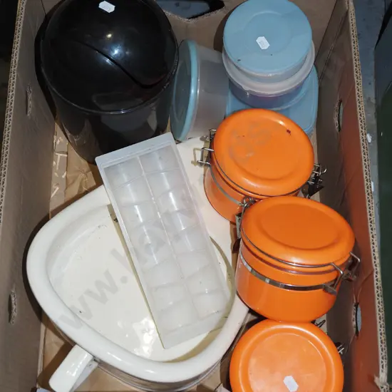 box; slipper pans, orange self sealing canisters, small wastepaper basket etc