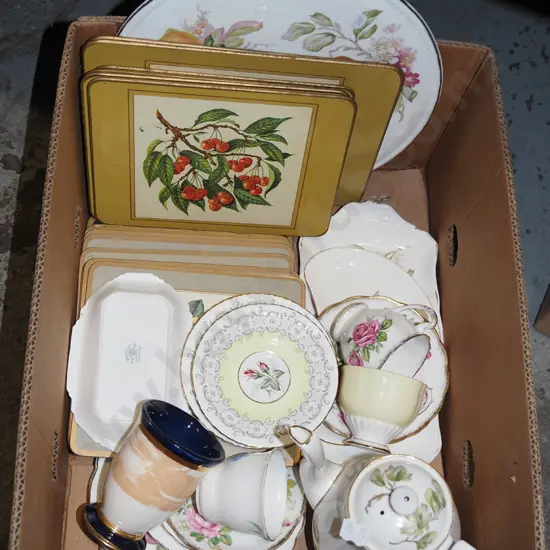 box; coffee pot, cups, saucers etc