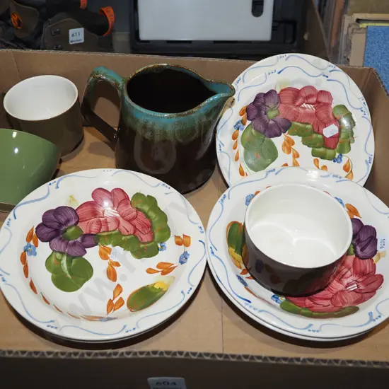 Crown Lynn coffee cups, jugs, Fleurette plates and bowls
