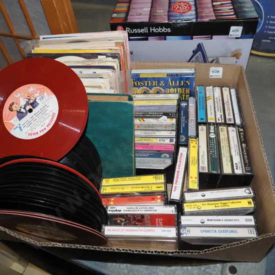 box; tape cassettes, 45s