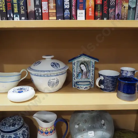 shelf; coffee cups, lidded bowl, gravy boat etc