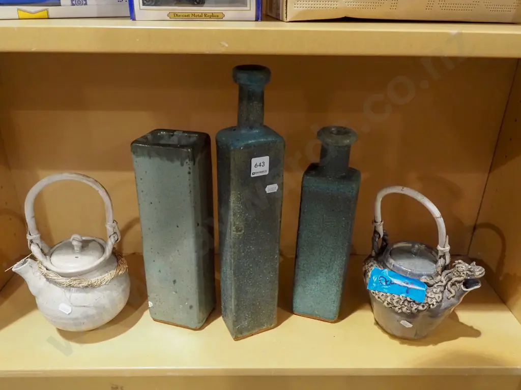 3x studio pottery slab vases, 2x teapots - 1 has damage  Tallest vase H400 Image 1++