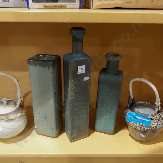 3x studio pottery slab vases, 2x teapots - 1 has damage  Tallest vase H400
