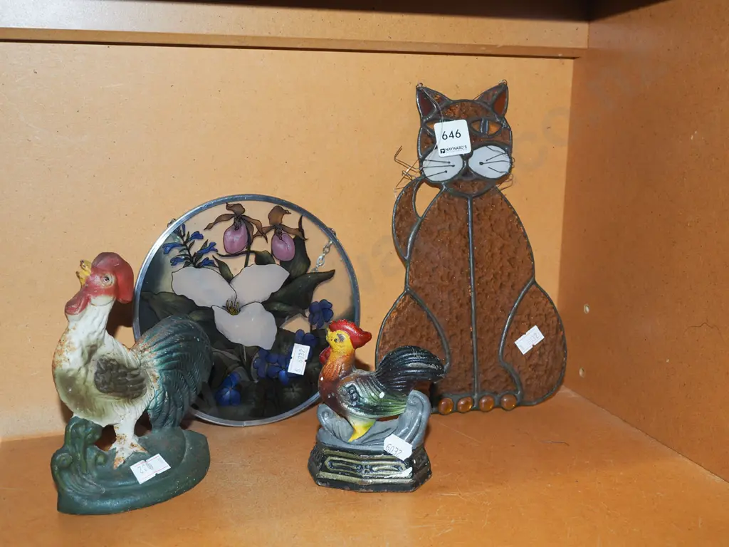 2x painted window displays, cast iron chicken themed door stops Image 1++