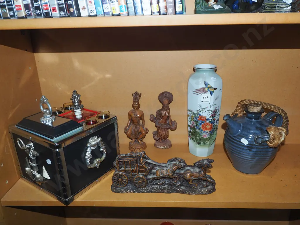 shelf; decanters, carved figurines, studio pottery bottle etc Vase H280 Image 1++