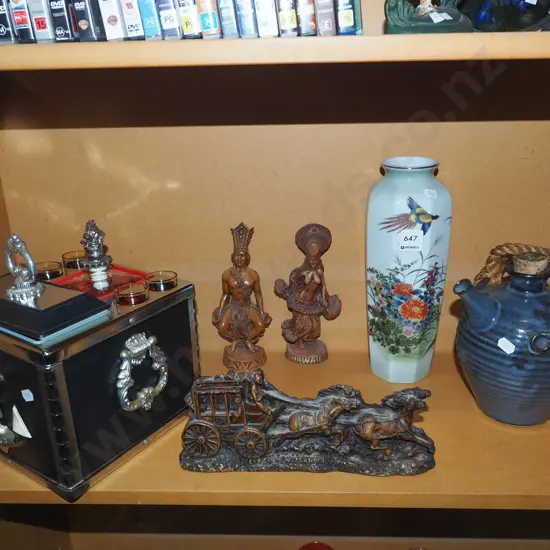 shelf; decanters, carved figurines, studio pottery bottle etc Vase H280