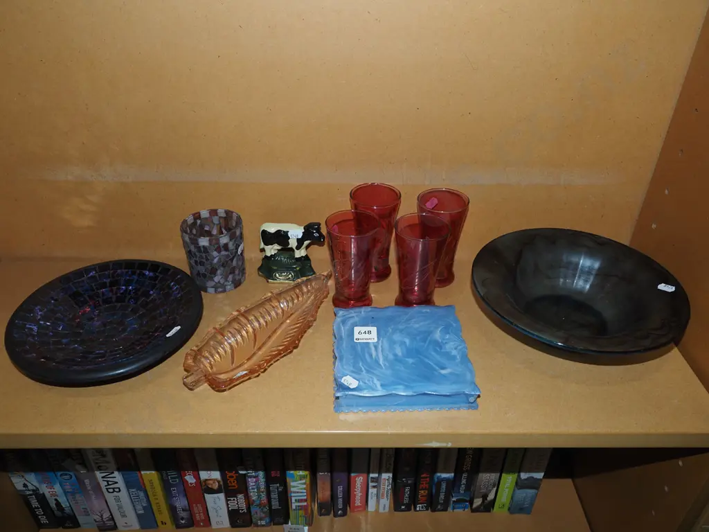 shelf; bowls, ruby glass tumblers, cow themed door stop etc Image 1++