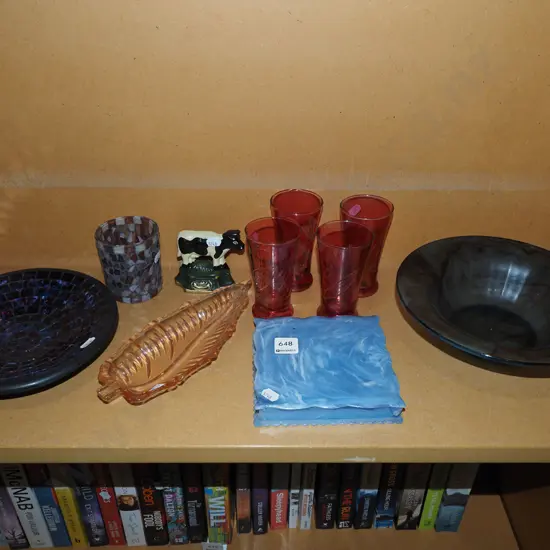 shelf; bowls, ruby glass tumblers, cow themed door stop etc