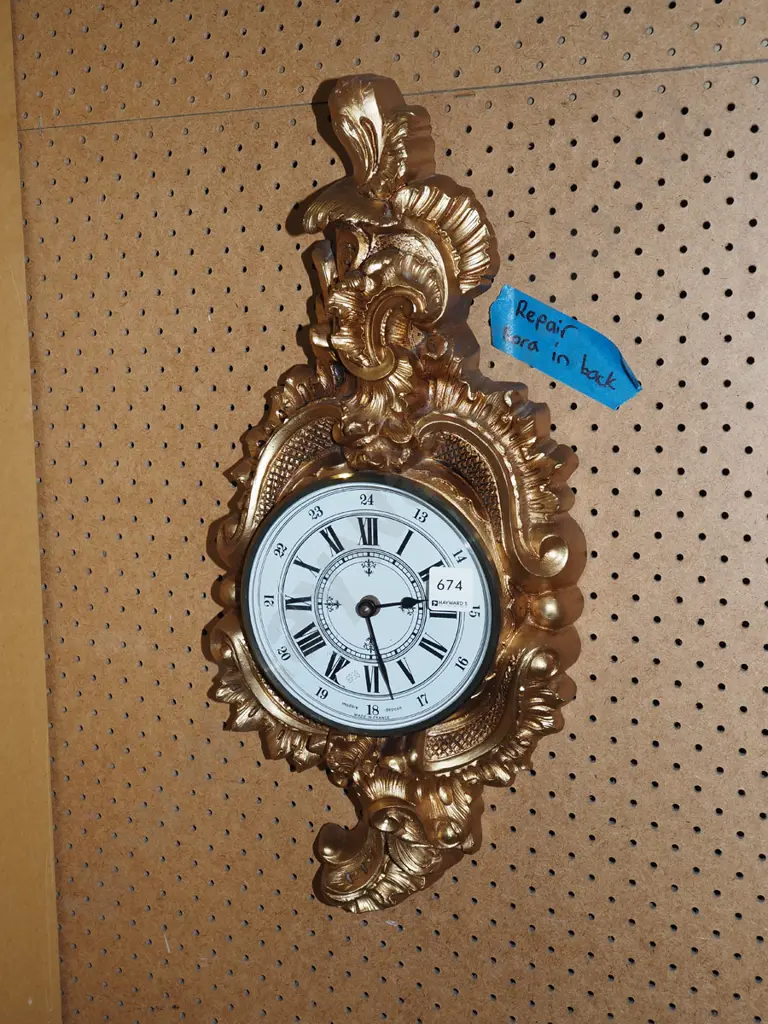 ornate wood and gilt French style wall clock H500 - has repair and signs of borerin back Image 1++