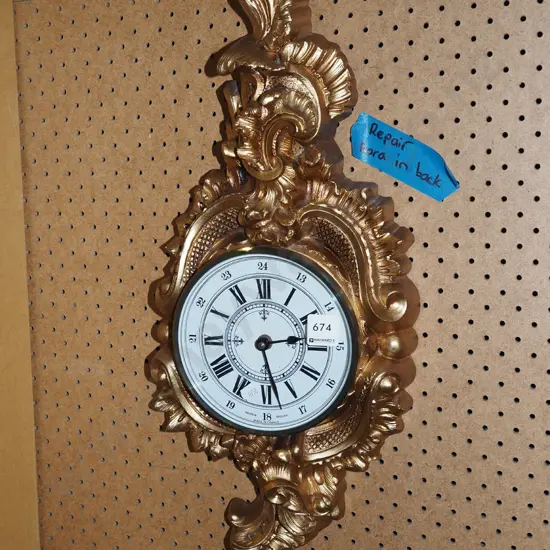 ornate wood and gilt French style wall clock H500 - has repair and signs of borerin back