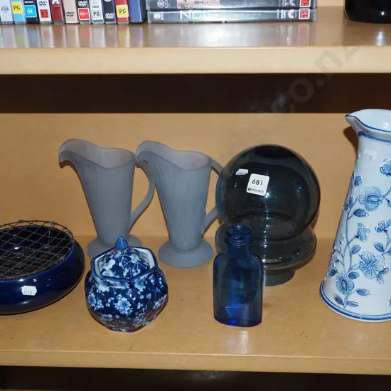 rose bowl, blue glass jugs, ewer vase etc Vase H260