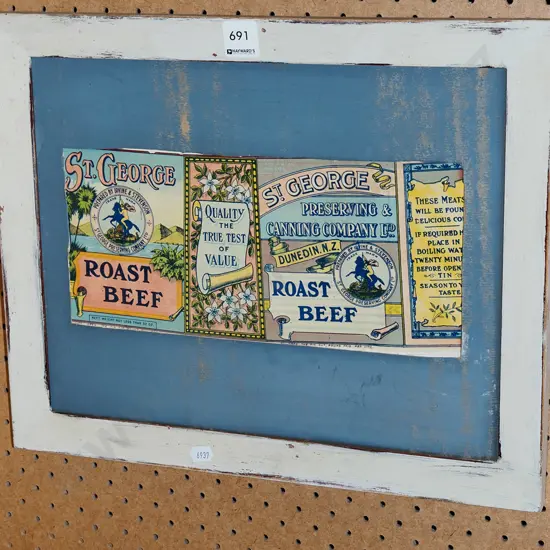 framed St George roast beef tin label