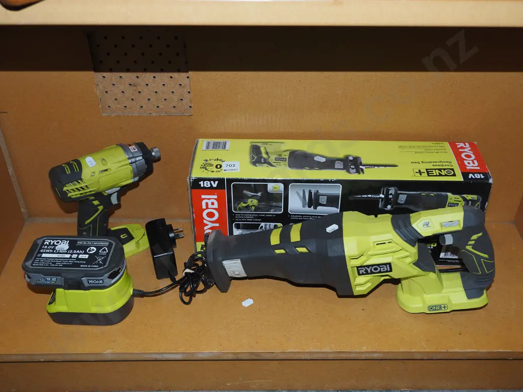 Ryobi battery powered reciprocating saw, impact driver, 1 battery and charger Image 1++