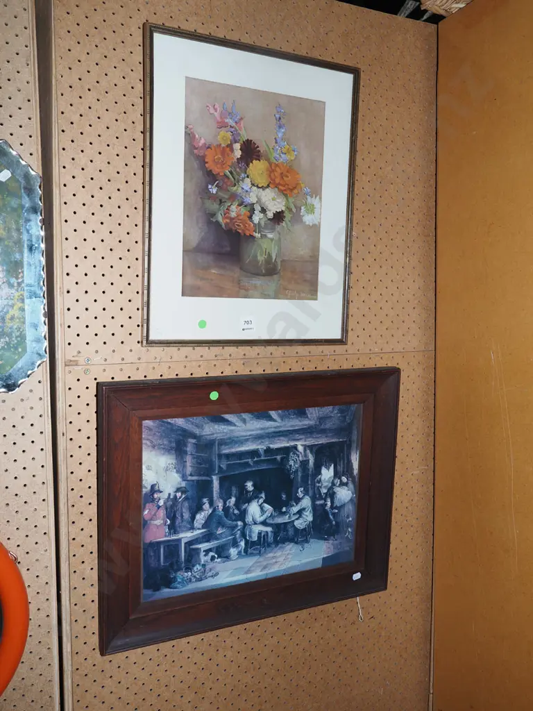 2x framed prints - still life flowers, internal tavern view Image 1++