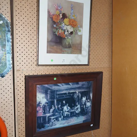 2x framed prints - still life flowers, internal tavern view