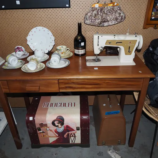 mahogany sewing table with Singer sewing machine - cover under table H770 W1150 D500