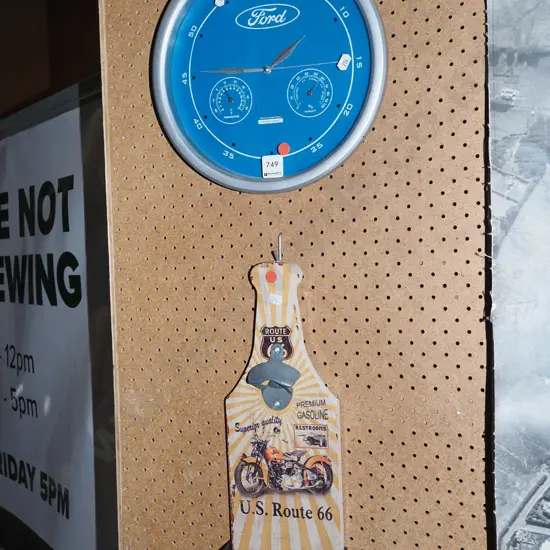 Ford themed wall clock, wall mounted bottle opener - green dots