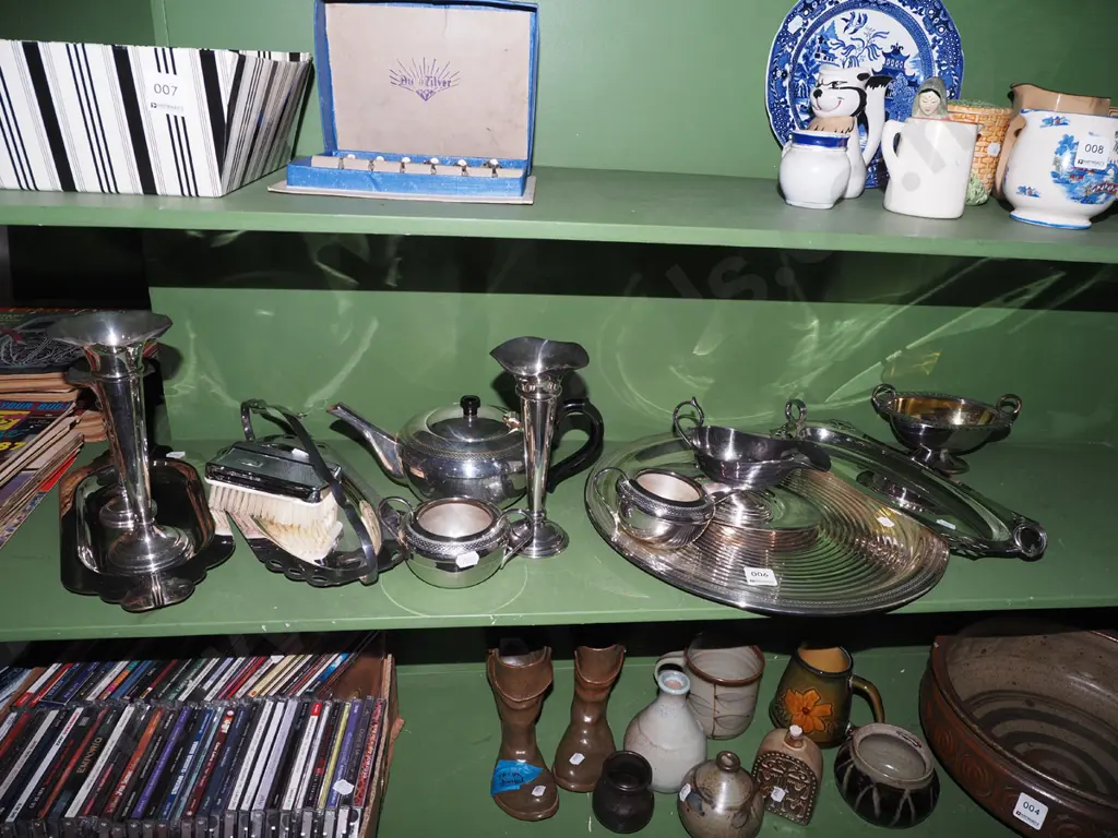 large assortement of plated ware; trays,vase, teapot etc Image 1++