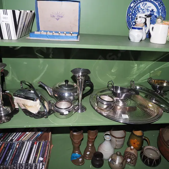 large assortement of plated ware; trays,vase, teapot etc