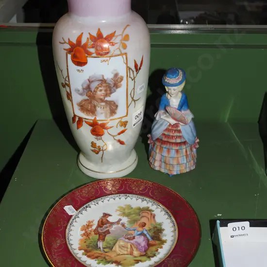 hand decorated and transfer milk glass vase, figurine, Limoges plate