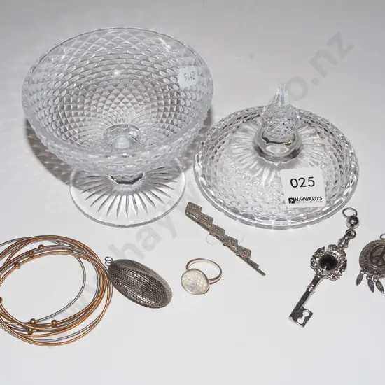 cut glass lidded comport, bracelets, hair pins etc