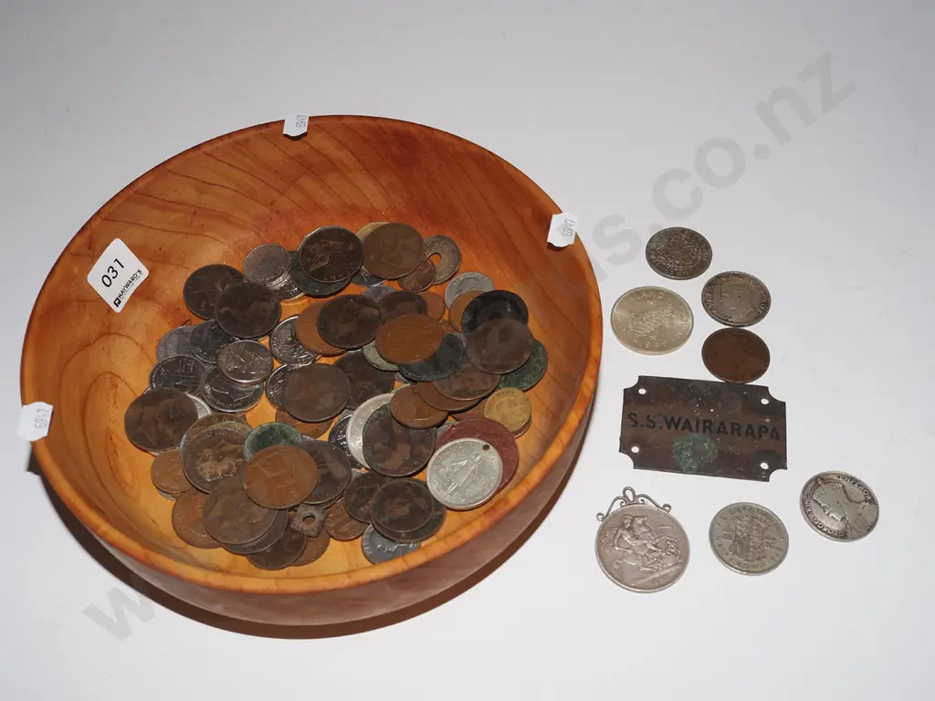 turned wooden bowl, coins, metal plaque etc Image 1++