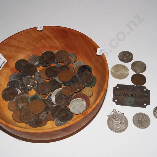 turned wooden bowl, coins, metal plaque etc