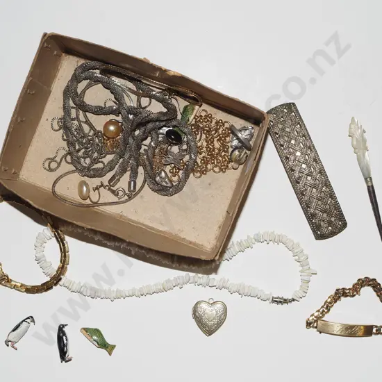box; costume jewellery, small lead penguins etc