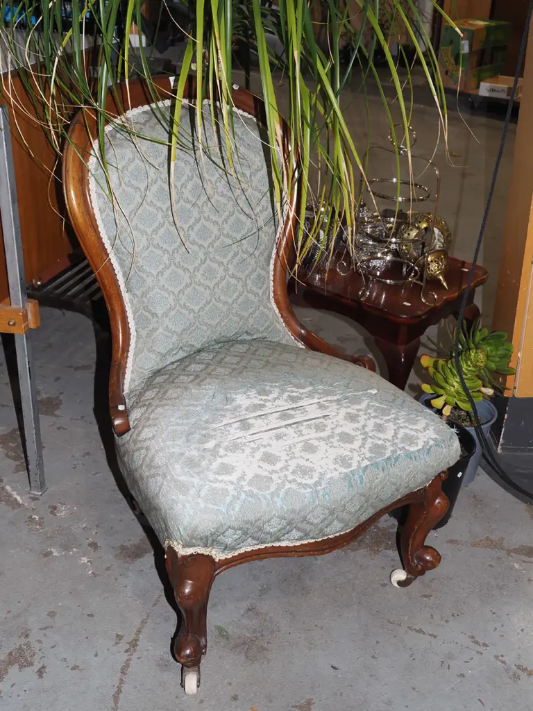 Victorian mahogany nursing chair on enamel casters - upholstery needs attention Image 1++