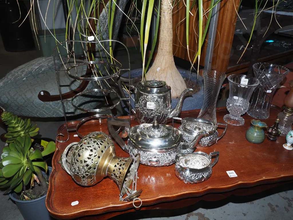 vintage brass hanging incense burner, plated coffee pot, tea pot etc - some faults Image 1++