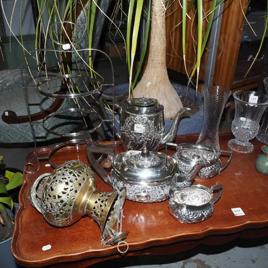 vintage brass hanging incense burner, plated coffee pot, tea pot etc - some faults