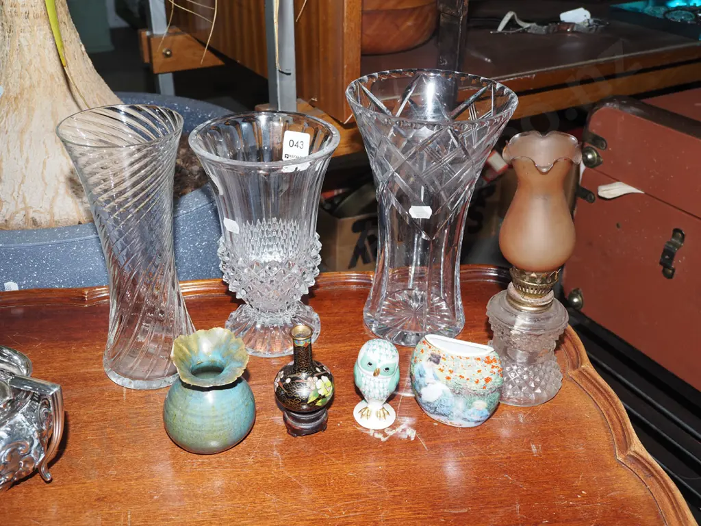 crystal vases, small kerosene lantern, owl figurine etc Image 1++