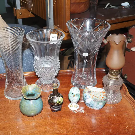 crystal vases, small kerosene lantern, owl figurine etc