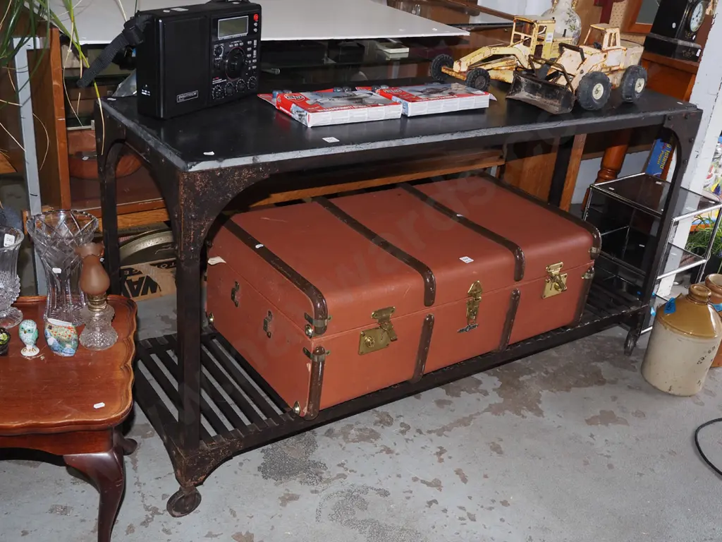 industrial style metal based 2 tier table on casters with thick heavy black marble top H810 W1510 D430 Image 1++