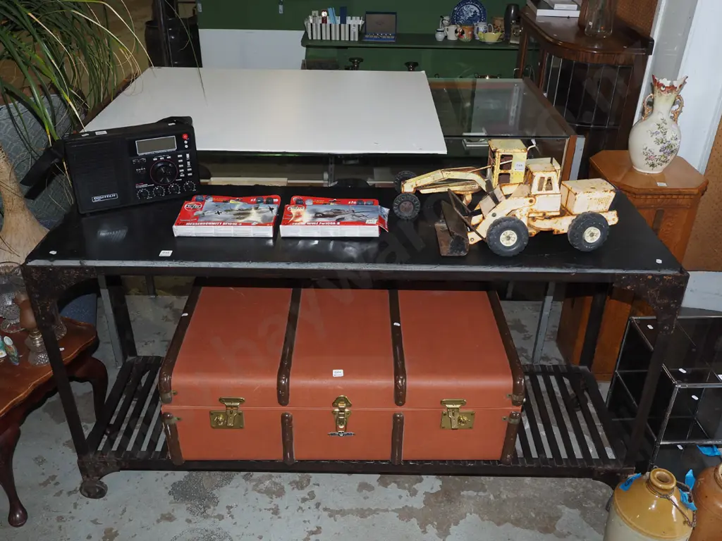 industrial style metal based 2 tier table on casters with thick heavy black marble top H810 W1510 D430 Image 1++